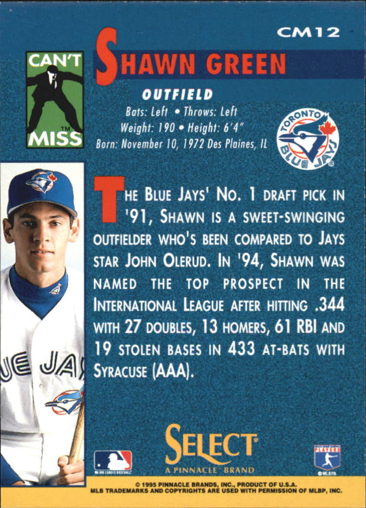 1995 Select Can't Miss #CM12 Shawn Green back image