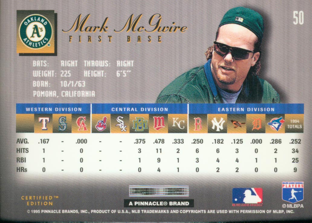 1995 Select Certified #50 Mark McGwire back image