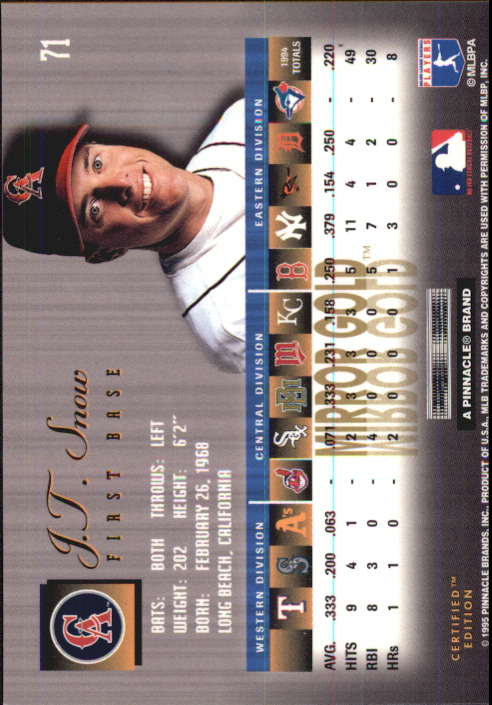 1995 Select Certified #71 J.T. Snow back image