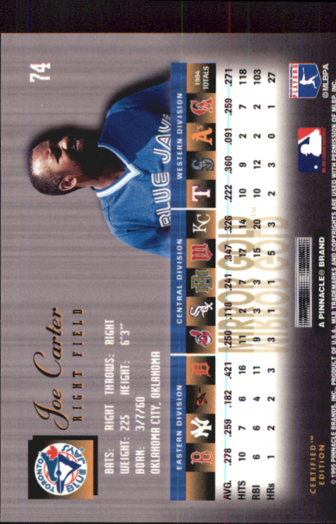 1995 Select Certified #74 Joe Carter back image