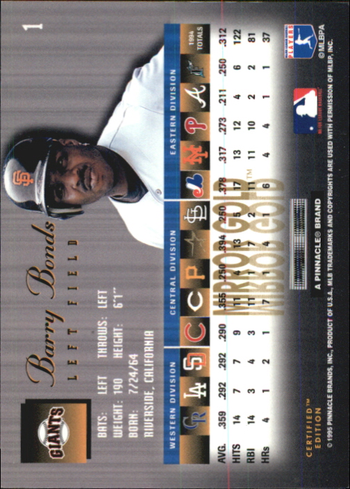 1995 Select Certified Mirror Gold #1 Barry Bonds back image