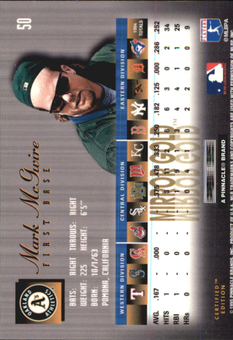 1995 Select Certified Mirror Gold #50 Mark McGwire back image