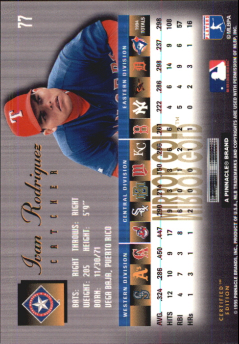 1995 Select Certified (Pinnacle) Baseball "Mirror Gold" Parallel Cards - Picture 11 of 17
