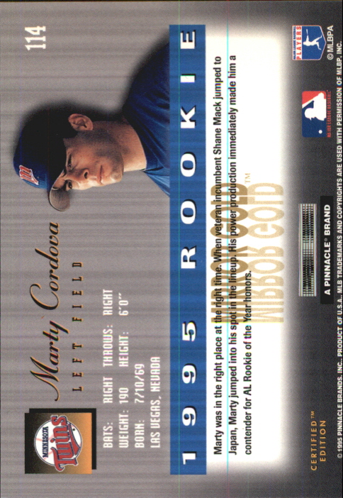 1995 Select Certified Mirror Gold #114 Marty Cordova back image