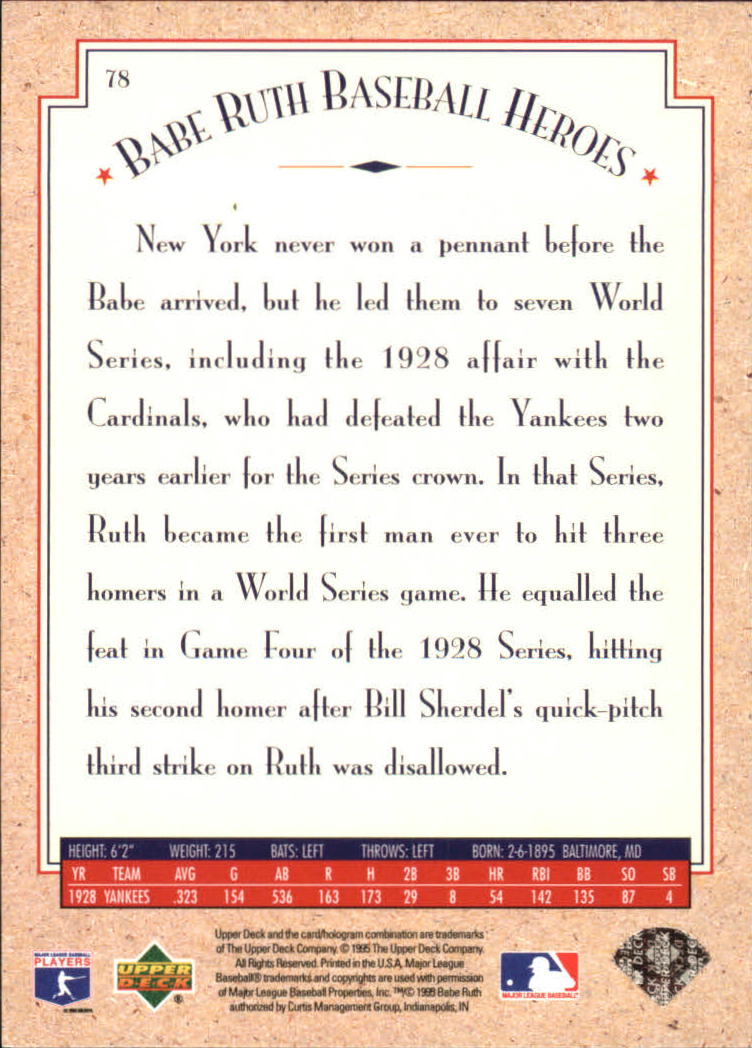 1995 Upper Deck Ruth Heroes #78 Babe Ruth/1928 Three Homers in Game 4