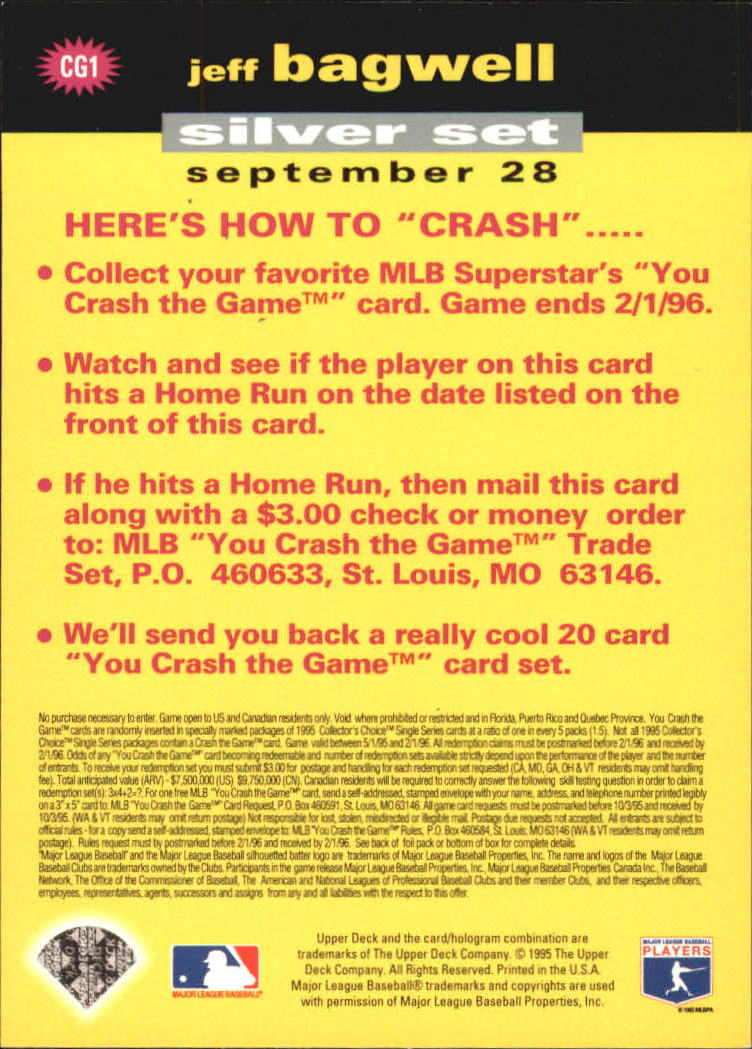1995 Collector's Choice Crash the Game #CG1 Jeff Bagwell back image