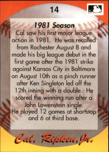 1995 Star Ripken 80 #14 Cal Ripken/1981 Season back image