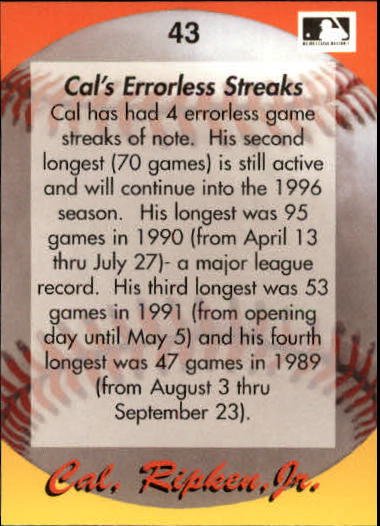 1995 Star Ripken 80 #43 Cal Ripken/Cal's Errorless Streaks back image