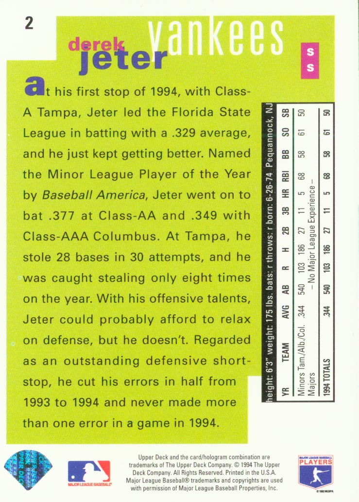 1995 Collector's Choice SE #2 Derek Jeter back image