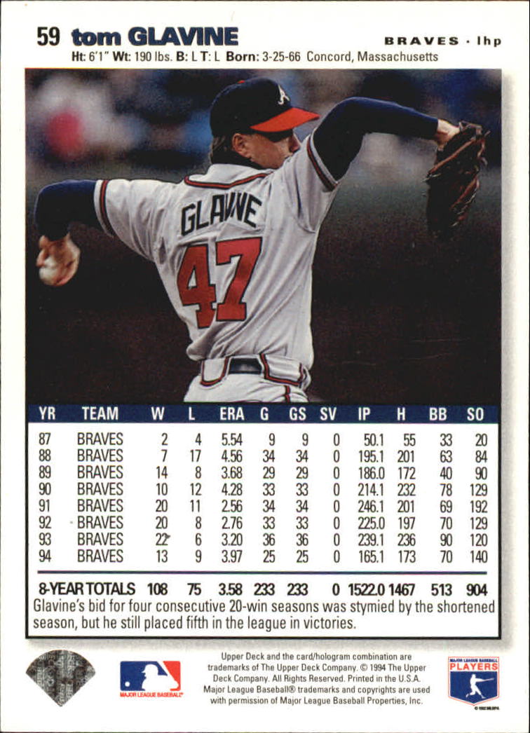 1995 Collector's Choice SE Silver Signature #59 Tom Glavine back image