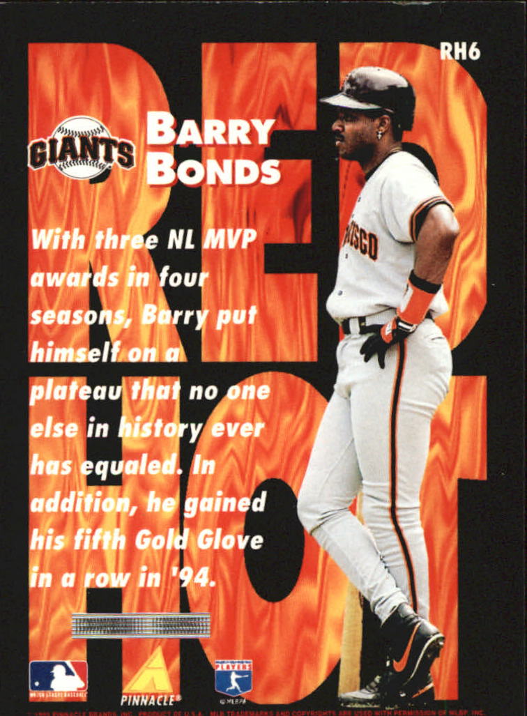 1995 Pinnacle Red Hot #RH6 Barry Bonds back image