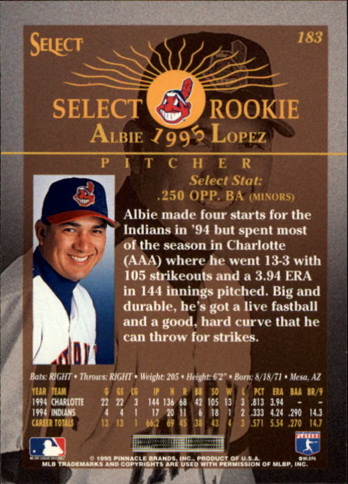 1995 Select #183 Albie Lopez back image