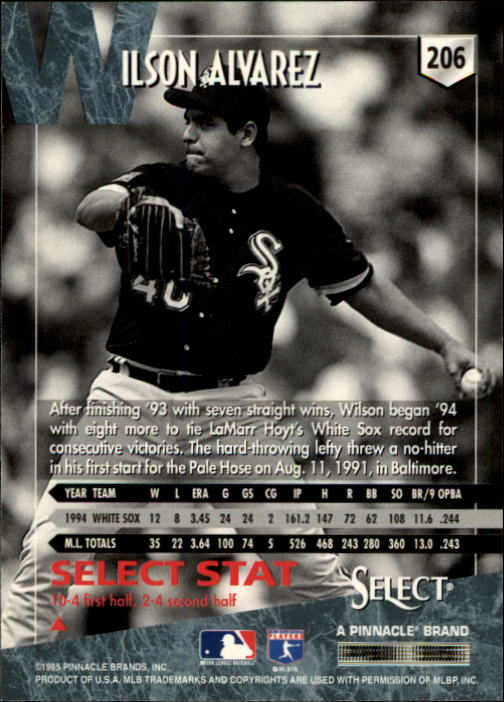 1995 Select #206 Wilson Alvarez back image