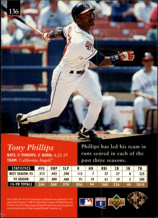 1995 SP #136 Tony Phillips back image