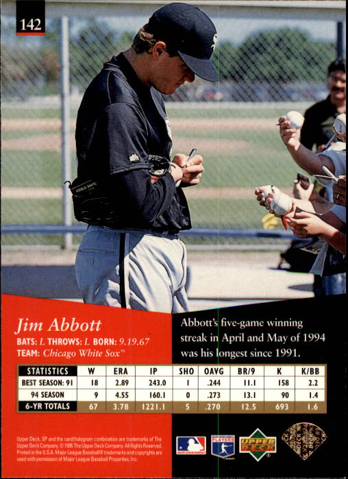 1995 SP #142 Jim Abbott back image