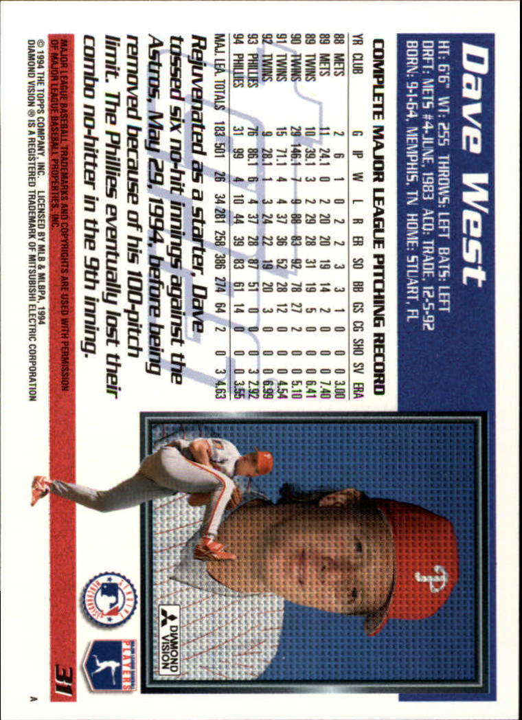 1995 Topps #31 Dave West back image