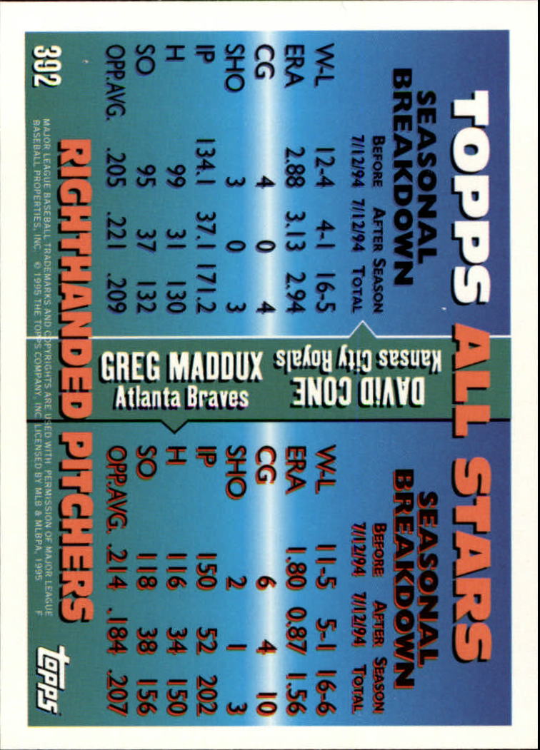 1995 Topps #392 G.Maddux/D.Cone AS back image