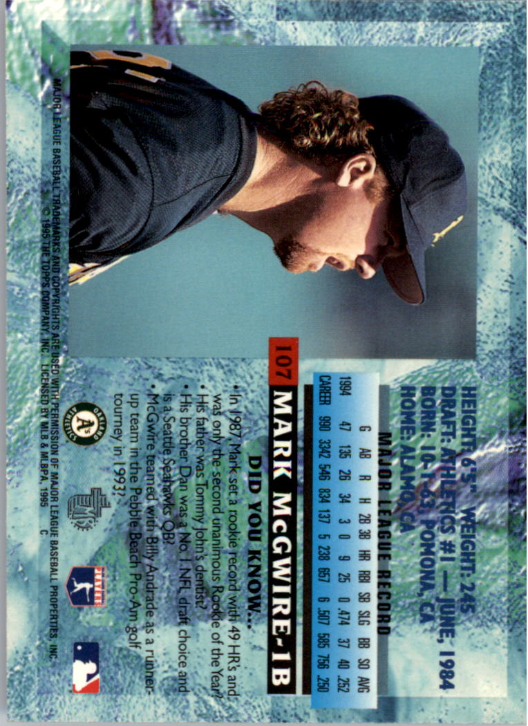 1995 Topps Embossed #107 Mark McGwire back image
