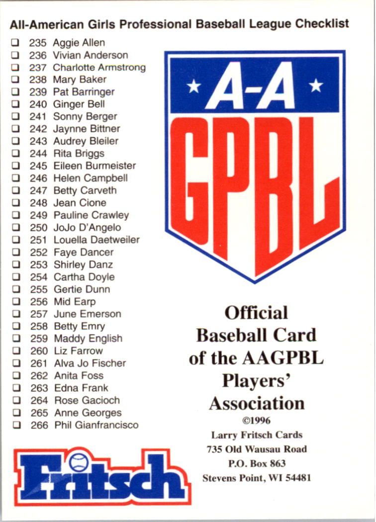B2983- 1995-96 Fritsch AAGPBL Baseball #s 251-421 -You Pick- 15+ FREE US SHIP - Picture 174 of 323