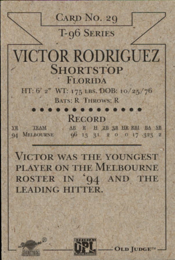 1996 Signature Rookies Old Judge #29 Victor Rodriguez back image