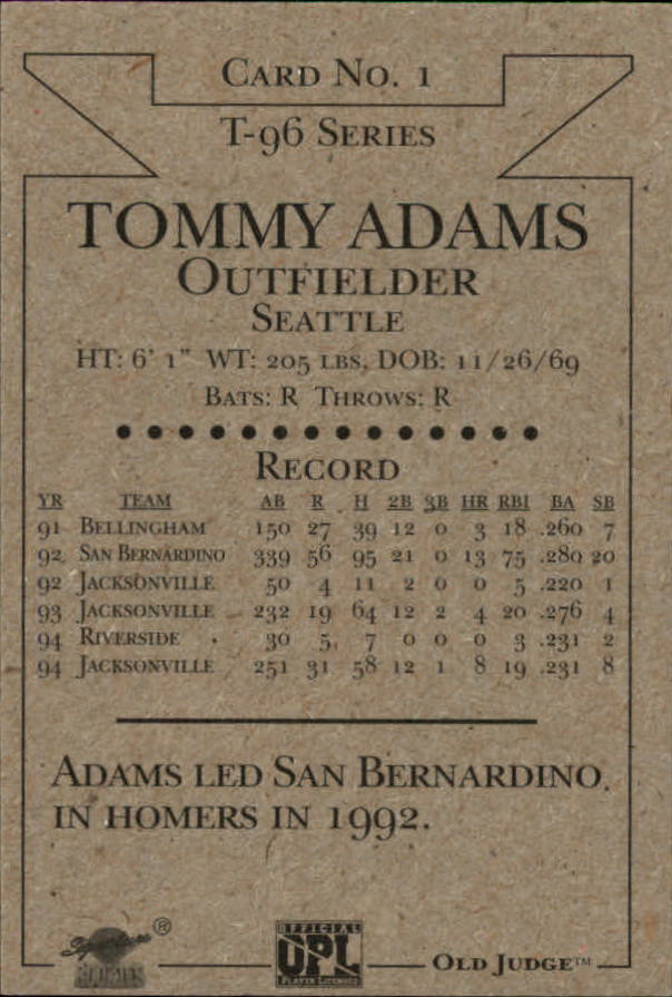 1996 Signature Rookies Old Judge Signatures #1 Tommy Adams back image