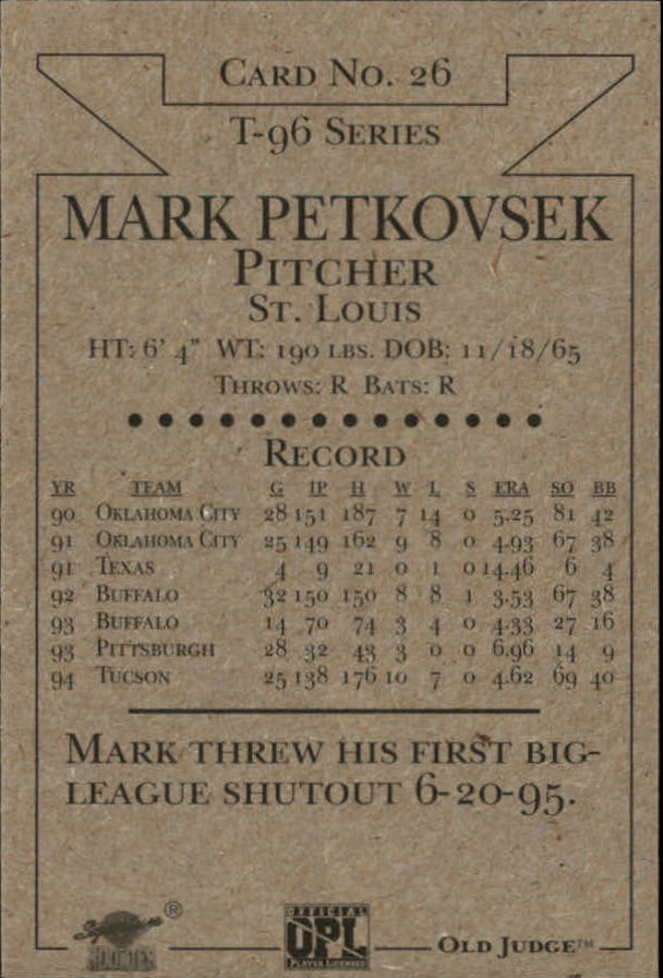 1996 Signature Rookies Old Judge Signatures #26 Mark Petkovsek back image