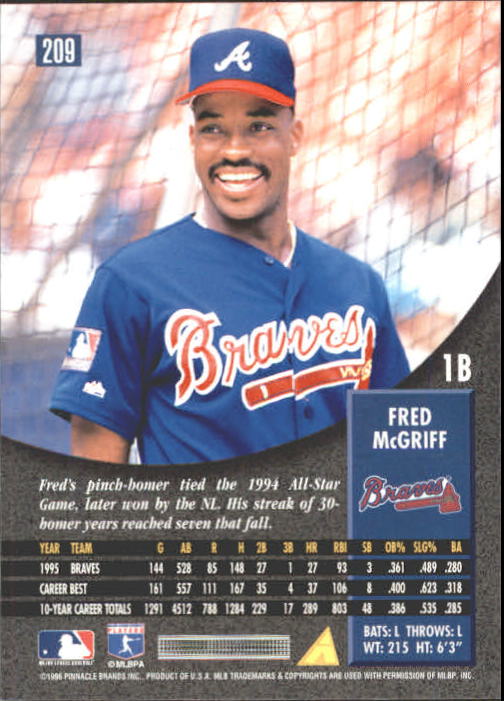 1996 Pinnacle #209 Fred McGriff back image