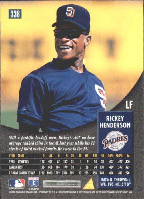 1996 Pinnacle #338 Rickey Henderson back image