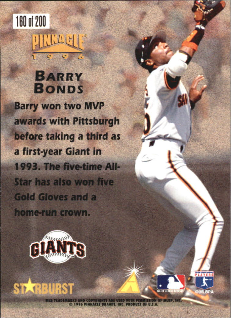 1996 Pinnacle Starburst #160 Barry Bonds HH back image