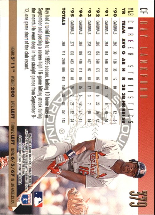 1996 Donruss Press Proofs #379 Ray Lankford back image