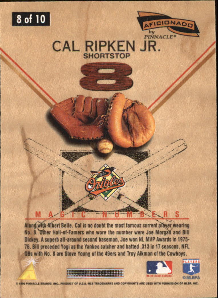 1996 Pinnacle Aficionado Magic Numbers #8 Cal Ripken back image