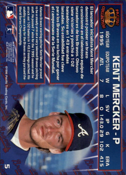 1996 Pacific #5 Kent Mercker back image