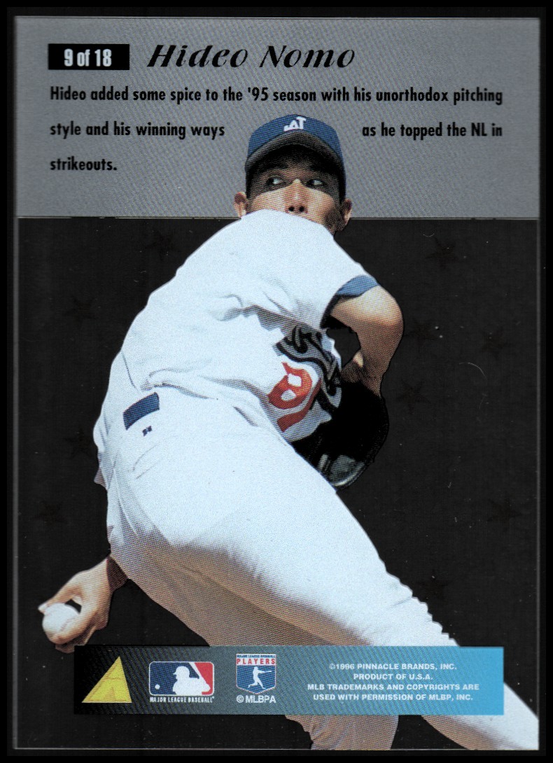1996 Pinnacle Essence of the Game #9 Hideo Nomo back image