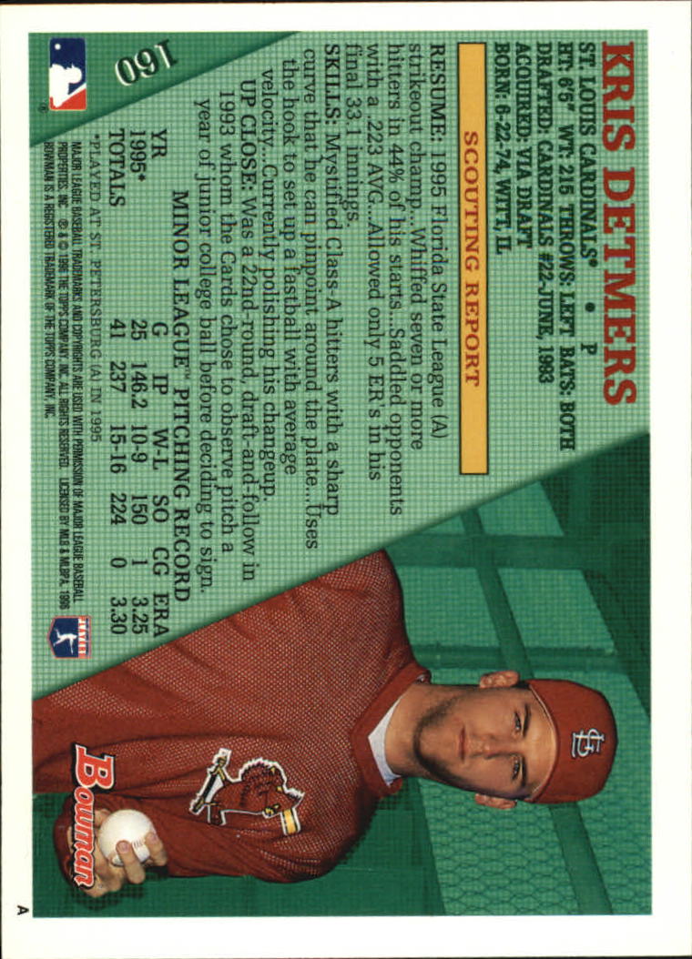 1996 Bowman #160 Kris Detmers RC back image