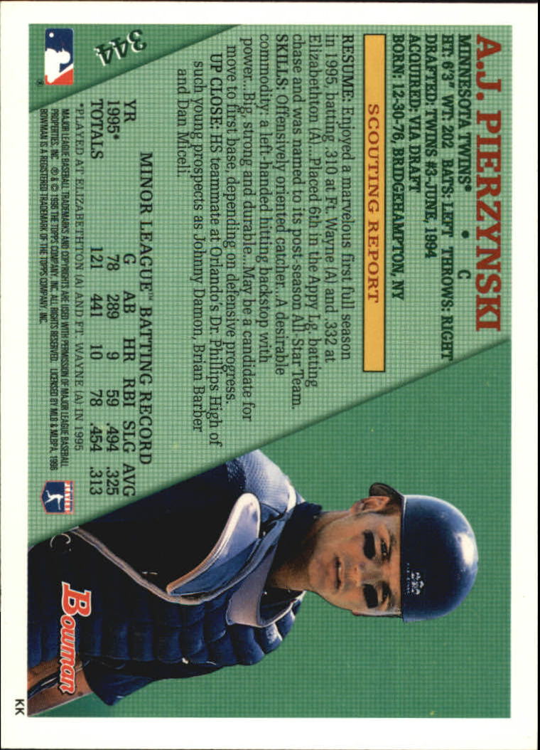 1996 Bowman #344 A.J. Pierzynski RC back image