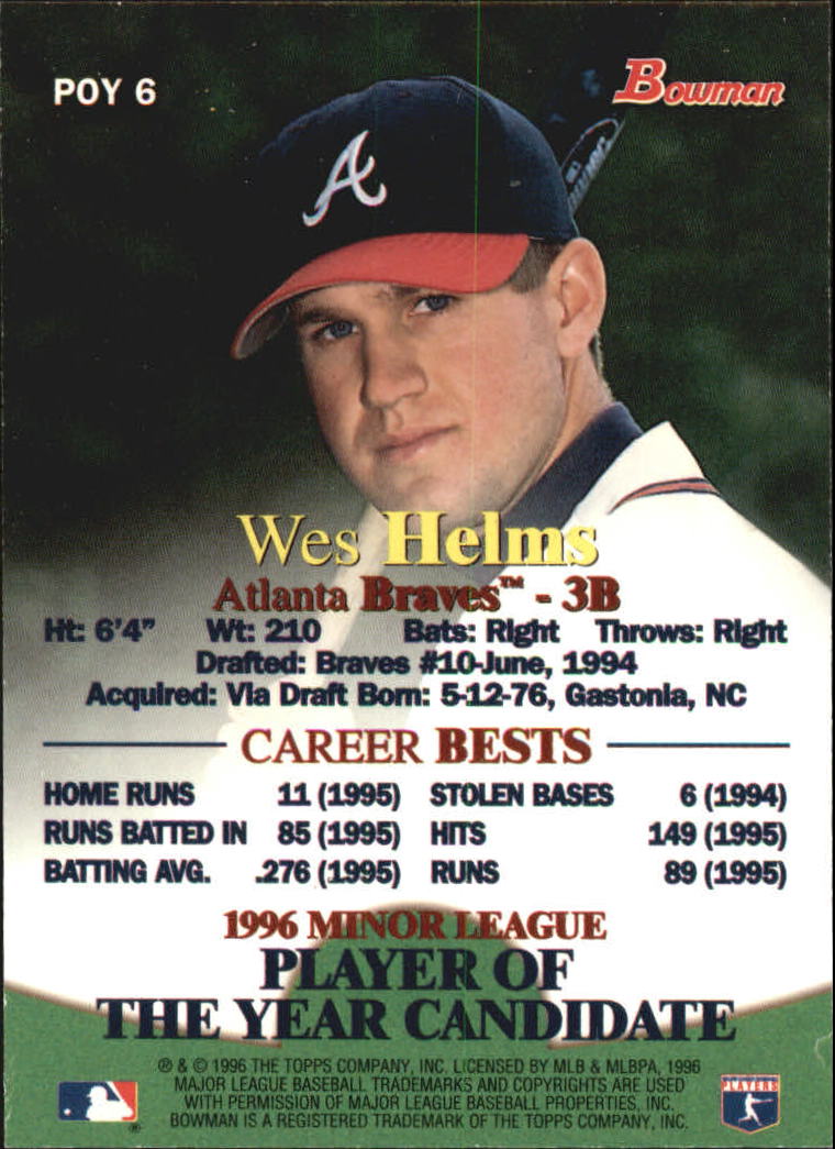 1996 Bowman Minor League POY #6 Wes Helms back image