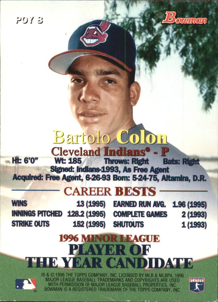 1996 Bowman Minor League POY #8 Bartolo Colon back image