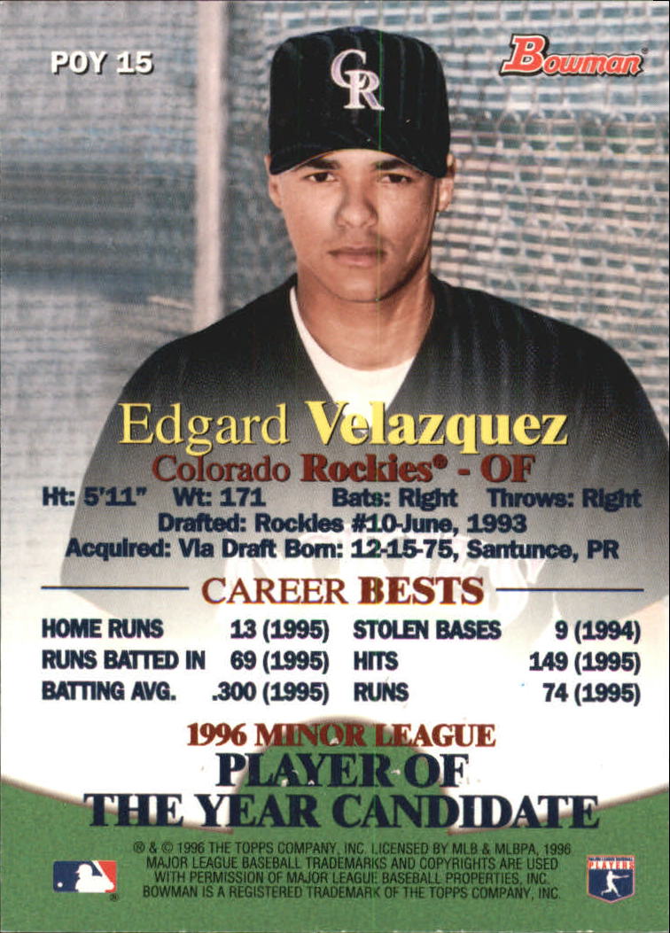 1996 Bowman Minor League POY #15 Edgard Velazquez back image