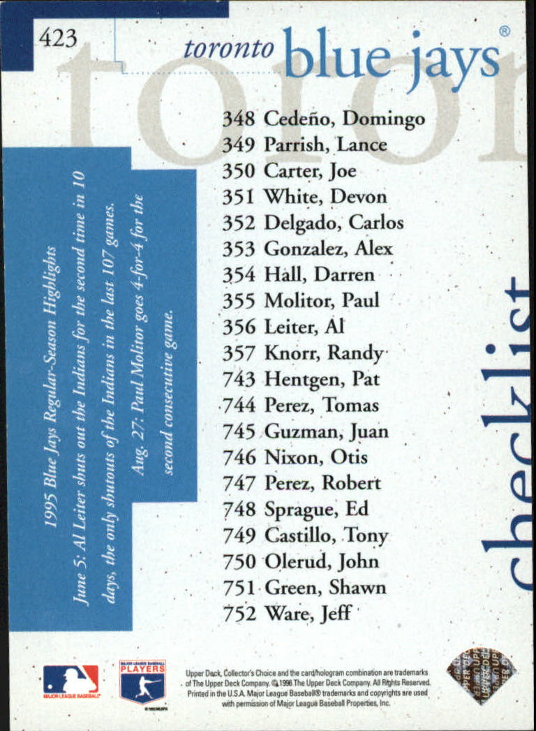 1996 Collector's Choice Silver Signature #423 Joe Carter TC back image