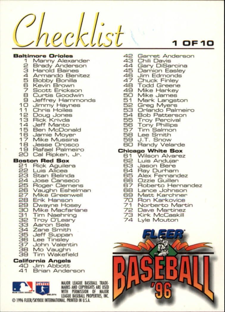 1996 Fleer Baseball "Checklists" Insert Cards - Picture 3 of 21
