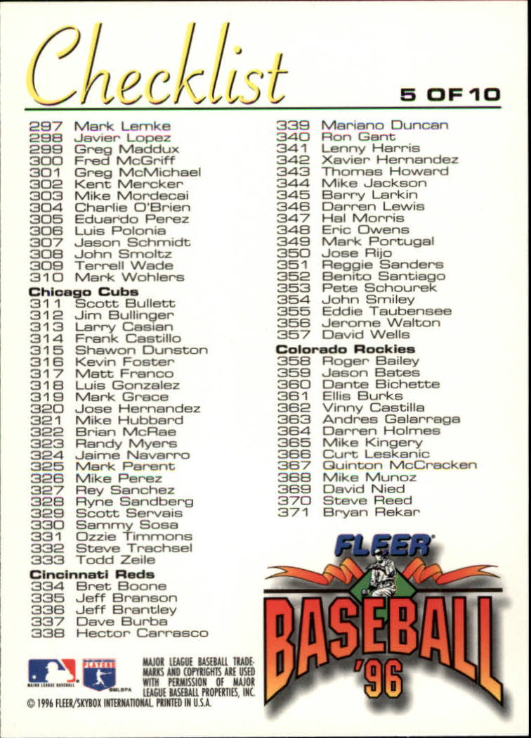 1996 Fleer Baseball "Checklists" Insert Cards - Picture 11 of 21