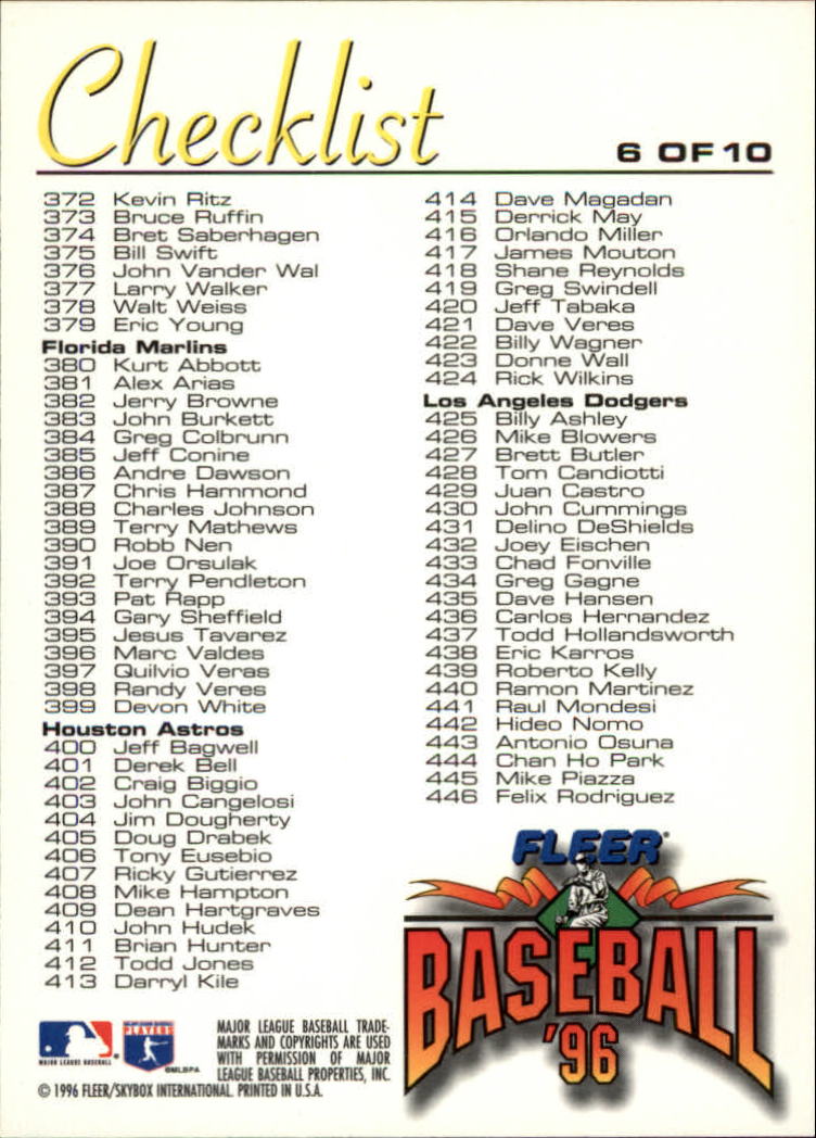 1996 Fleer Baseball "Checklists" Insert Cards - Picture 13 of 21