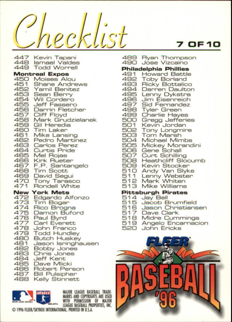 1996 Fleer Baseball "Checklists" Insert Cards - Picture 15 of 21