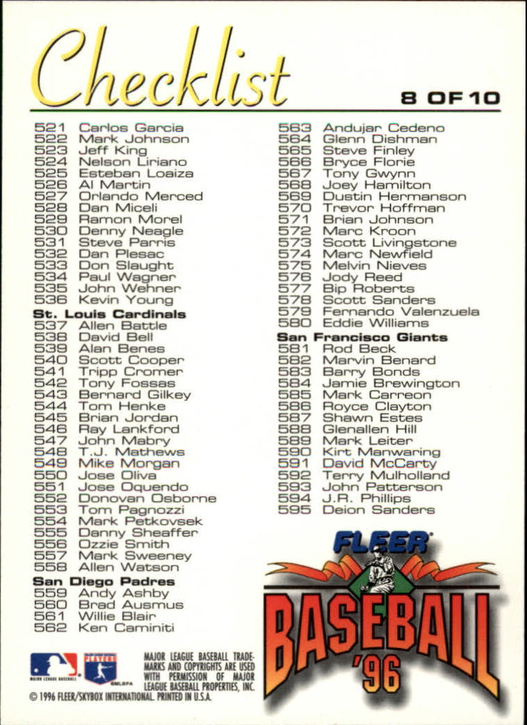 1996 Fleer Baseball "Checklists" Insert Cards - Picture 17 of 21