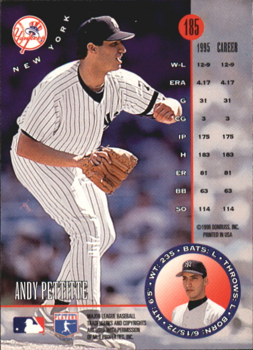 1996 Leaf Gold Press Proofs #185 Andy Pettitte back image