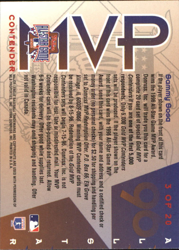 1996 Leaf All-Star Game MVP Contenders #3 Sammy Sosa back image