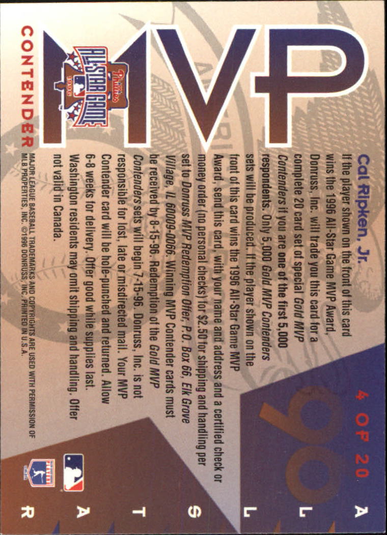 1996 Leaf All-Star Game MVP Contenders #4 Cal Ripken back image