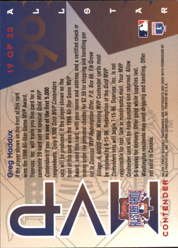 1996 Leaf All-Star Game MVP Contenders Gold #19 Greg Maddux back image