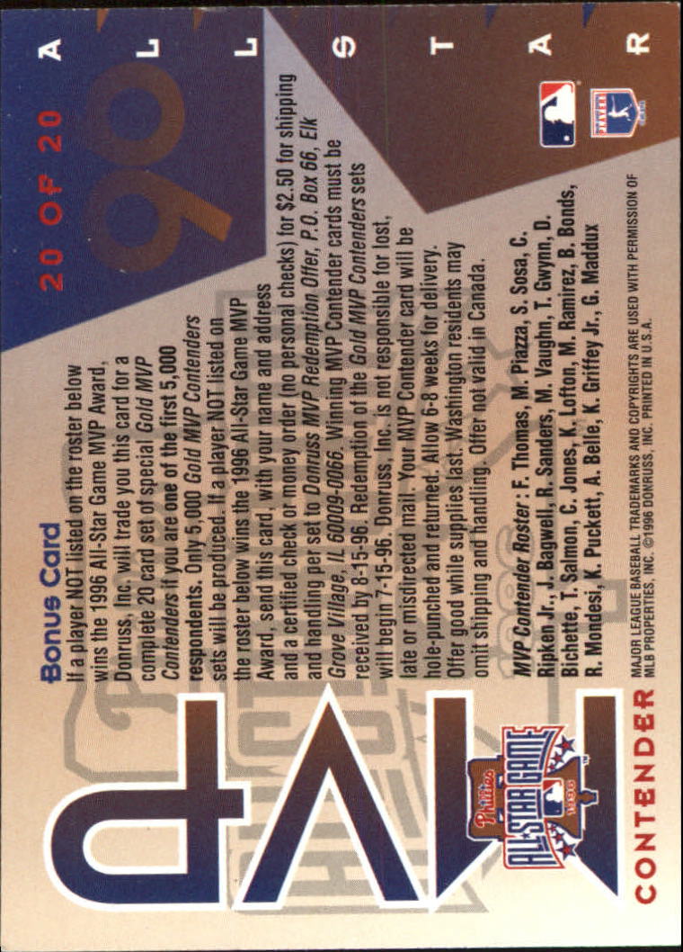 1996 Leaf All-Star Game MVP Contenders Gold #20 Bonus Card back image