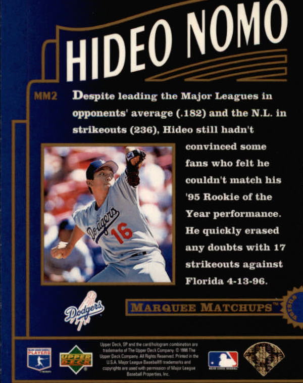 1996 SP Marquee Matchups #MM2 Hideo Nomo back image